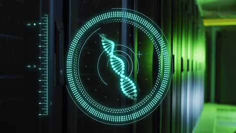 animación de escaneo de alcance con cadena de adn y procesamiento de datos en la sala de servidores.