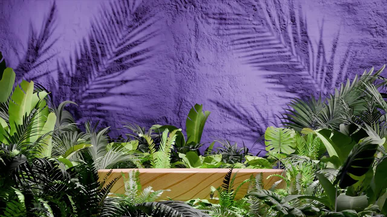Wooden podium surrounded by tropical green foliage with palm leaf shadows on purple textured wall. Minimalist product display template. Summer botanical and nature. wallpaper with copy space
