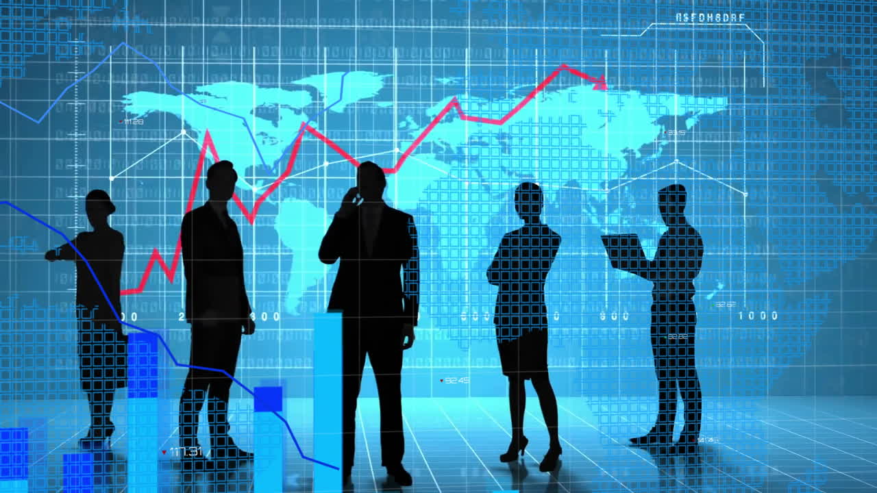 Business people in office with global financial data animation over world map