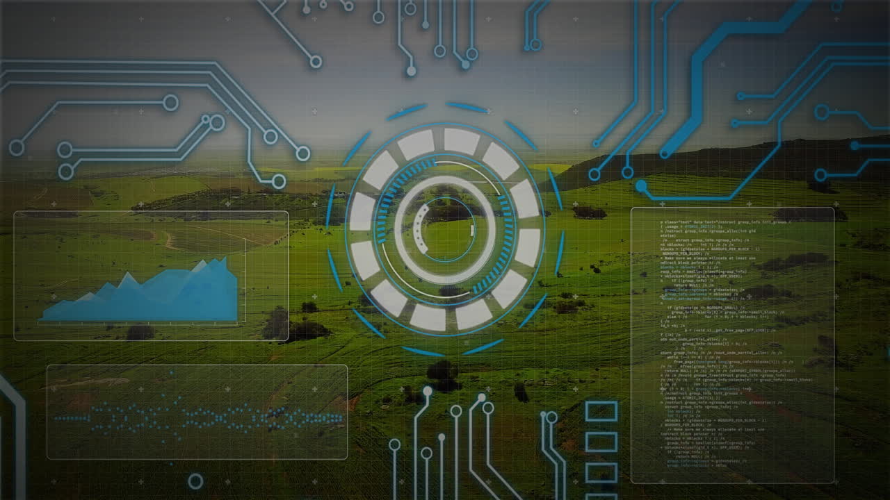 Futuristic digital interface animation over green landscape with circuit patterns