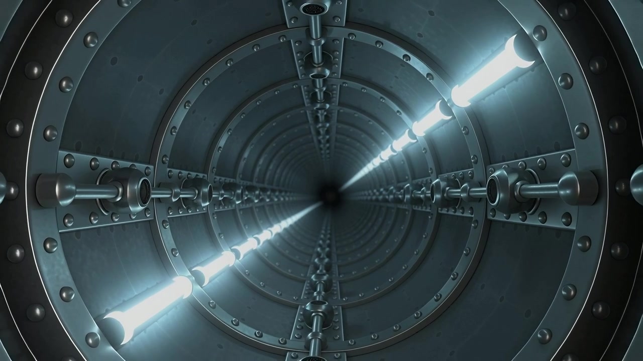 Starting slow zooming camera forward in service tunnel, metallic shaft revealing bolted rings