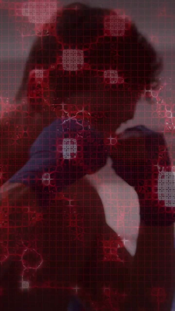 Vertical video: Man leaning, bringing blue item to mouth, room clarifying under red tech overlay