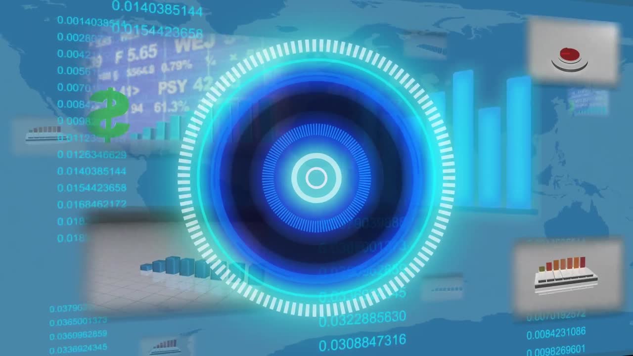 animación del escaneo del alcance sobre el procesamiento de datos y el mapa del mundo sobre fondo azul