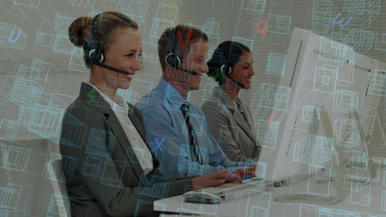 animazione del piano della città con lettere su persone d'affari che indossano cuffie per telefono