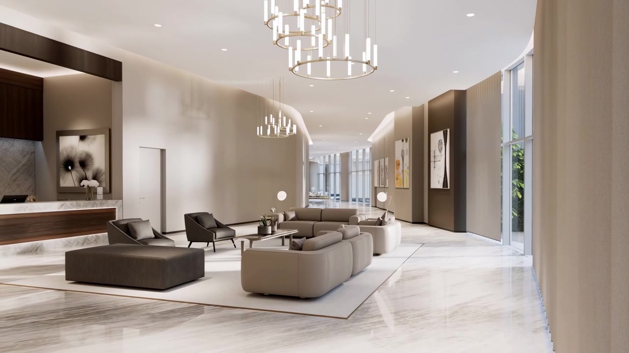 El espacioso interior del vestíbulo de un hotel cuenta con sofás mullidos, sillas, mesas de centro, suelos de mármol, grandes lámparas de araña, decoración neutra y grandes ventanales que aportan luz natural suave a un acogedor espacio de lujo para huéspedes.