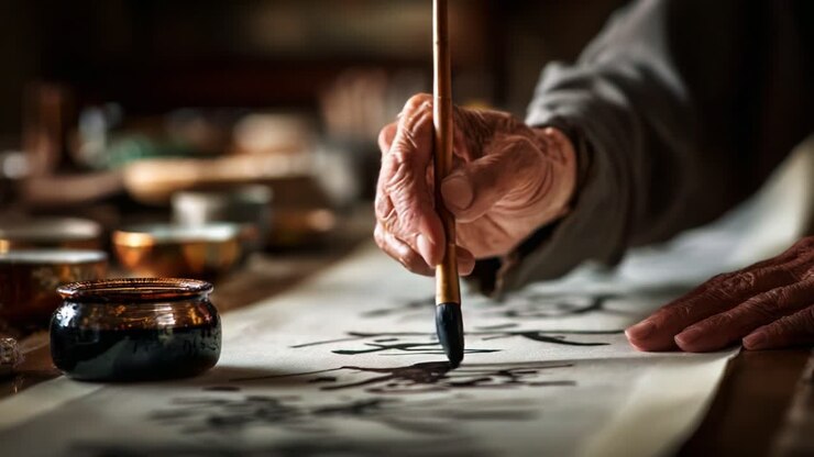 Un anziano artigiano perfeziona l'arte della calligrafia a pennello, catturando l'essenza delle tecniche tradizionali in uno splendido spazio di lavoro ricco di manufatti e strumenti culturali
