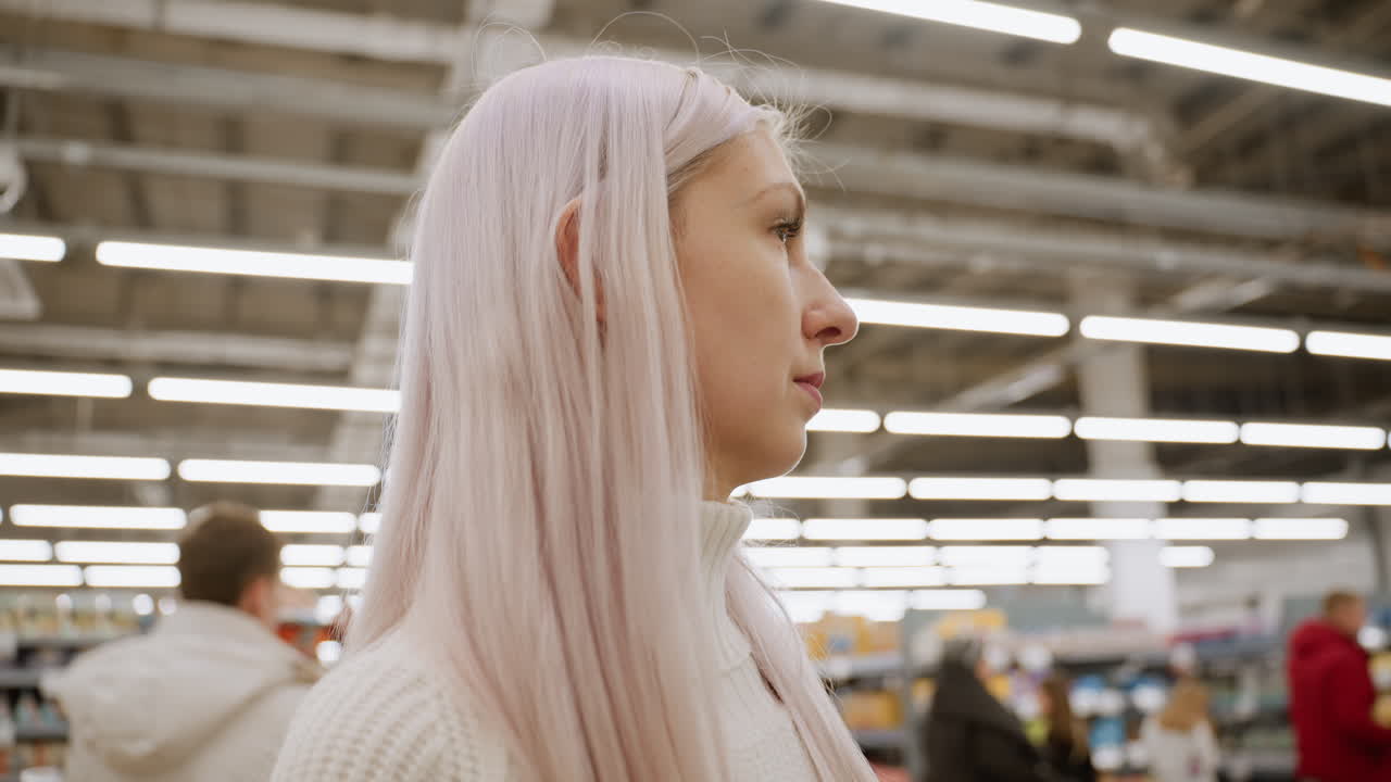 Side profile of modern mother with long pastel hair in knitted sweater scanning supermarket aisle with blurred shoppers and stocked shelves under bright lights capturing daily shopping environment