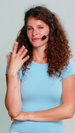 woman pretending talking in microphone presenting host operator broadcaster playful speech reaction