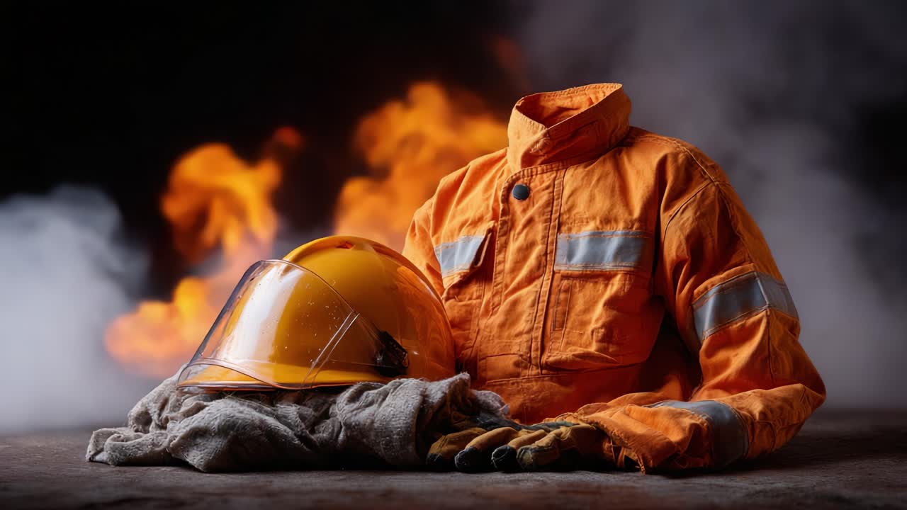 Een leeg brandweerpak, gecombineerd met een helm, rust tegen een achtergrond van vlammen en rook, symbool voor moed en de cruciale rol van brandbeveiligingsmiddelen.