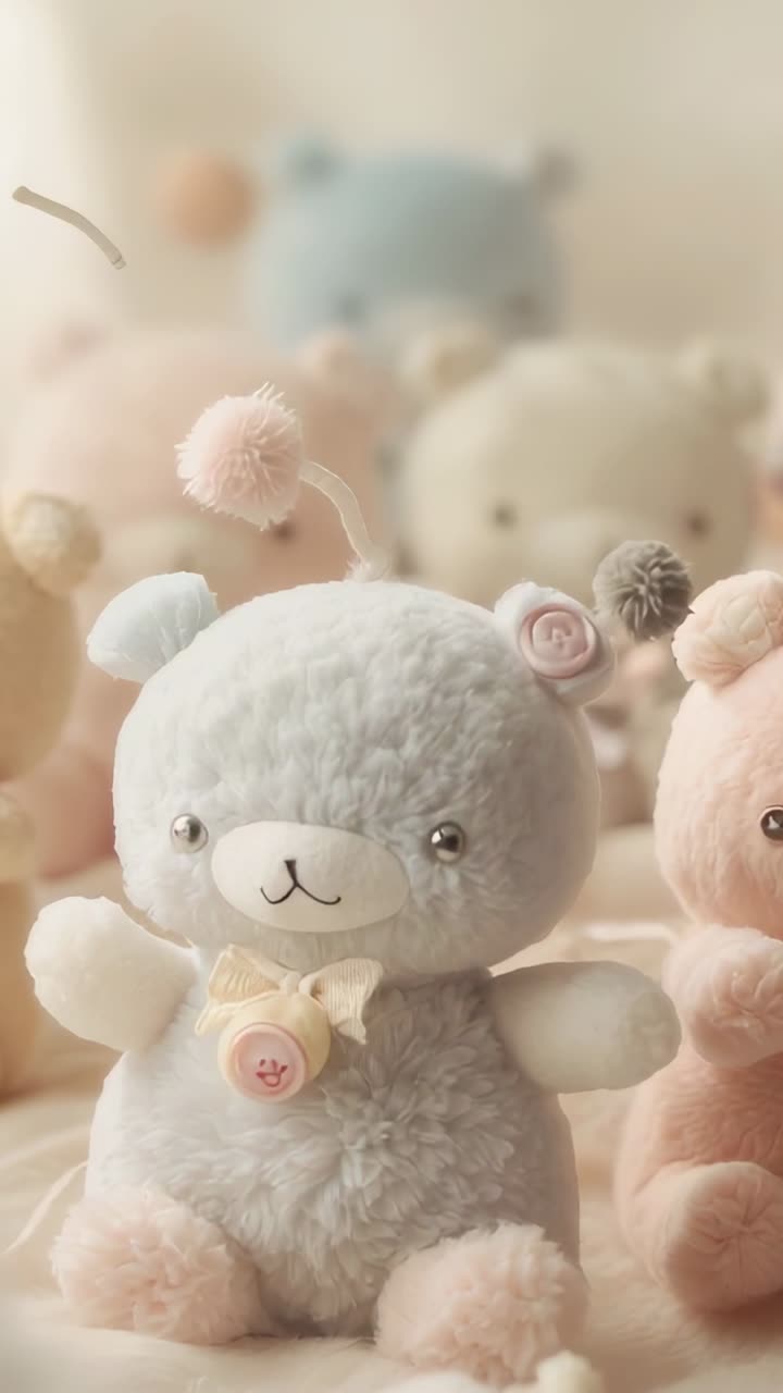 Video verticale: La camera mette a fuoco un orso di peluche grigio-azzurro chiaro sul letto, rivelando giocattoli color pastello