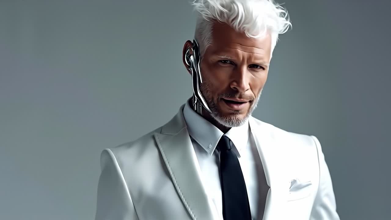 A man in a white suit with a black tie and earphones