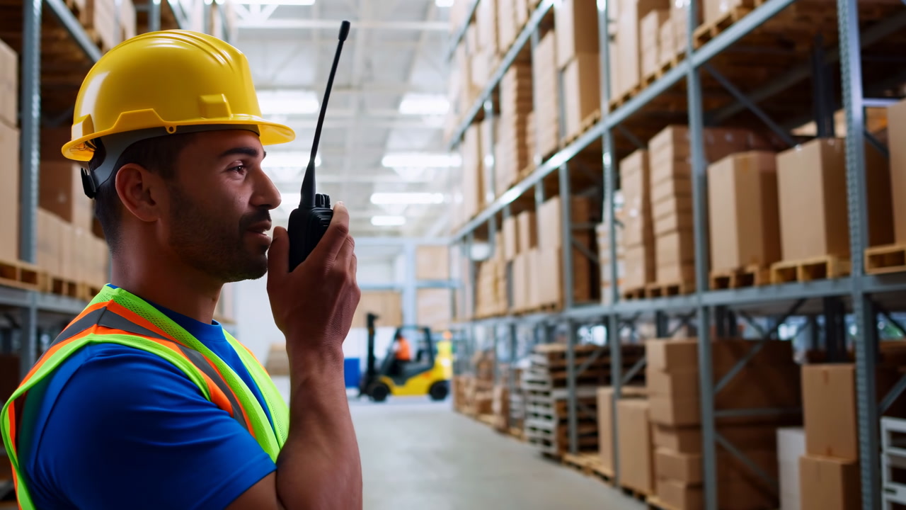Warehouse Worker In Hardhat Using Radio Coordinating Inventory In Highbay Shelves Aisle With Stacked Cartons