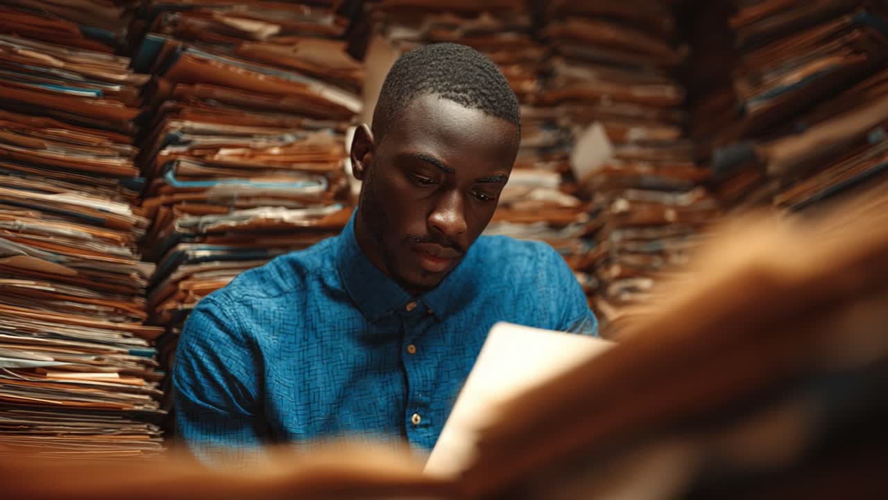 A Focused Individual Analyzing Documents Amidst a Mountain of Files, Illustrating Dedication and Attention to Detail in a Paper-Heavy Environment