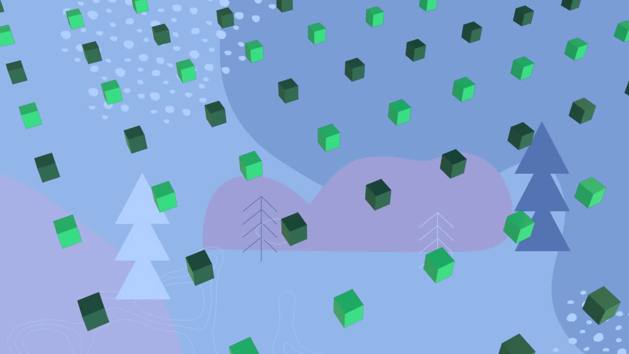 Animation af grønne 3D-terningsikoner i et sømløst mønster over juletræsikoner på blå baggrund