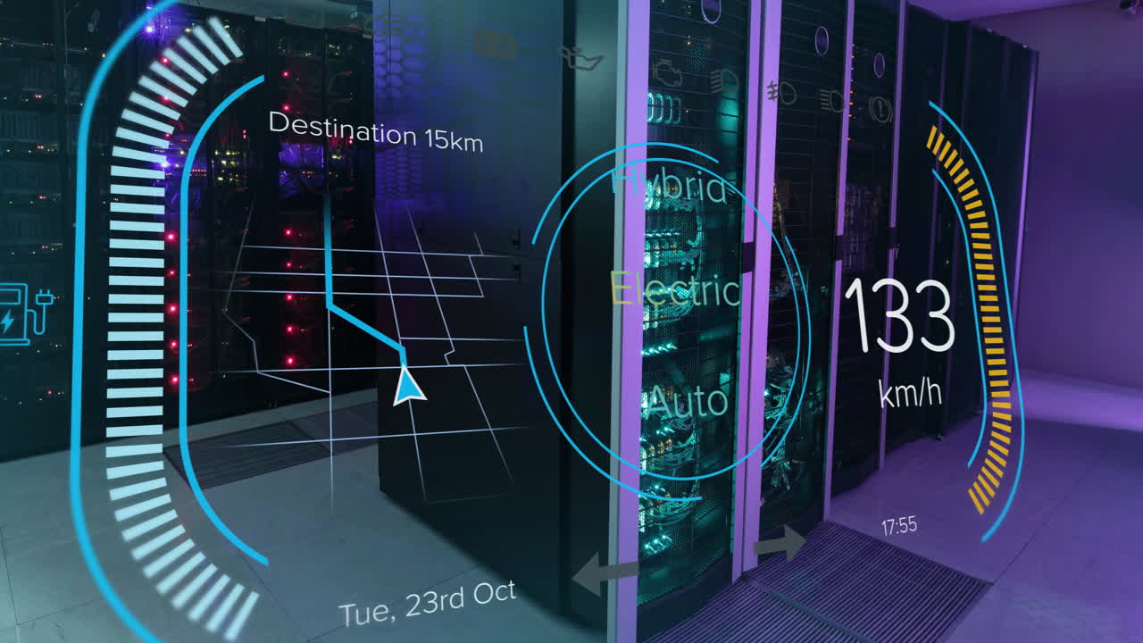 Animation of eco icons and data processing over computer servers