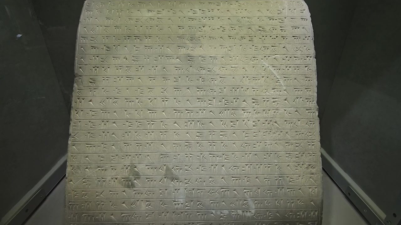 Ancient Stone Stele with Cuneiform Inscriptions in Museum Display
