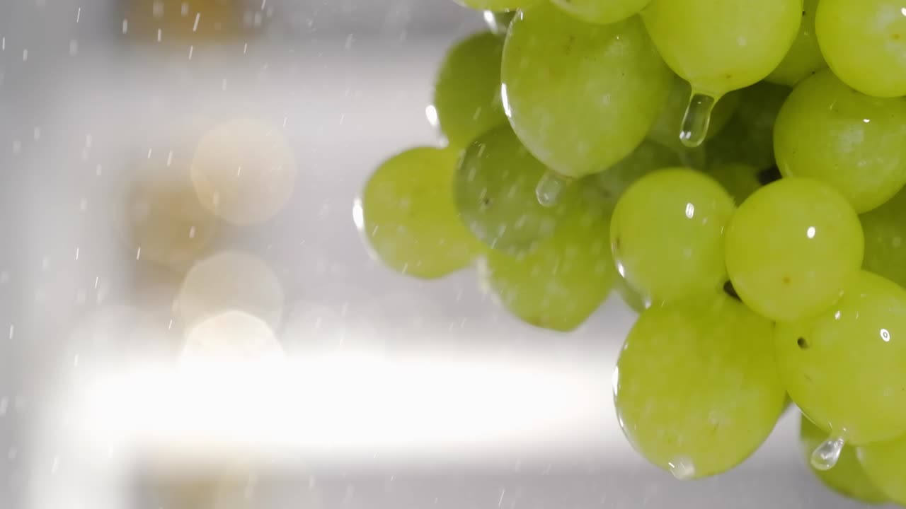 Slow motion shot bunch of white grapes shaked off releasing water droplets,Close up