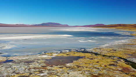 Front-Aerial-Dolly-Colorful-Landscape-Laguna-Brava-La-Rioja-Argentina-Andes-Mountains-4500m-Flamingos