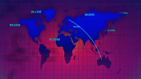 animación del procesamiento de datos y el mapa del mundo sobre fondo rosa