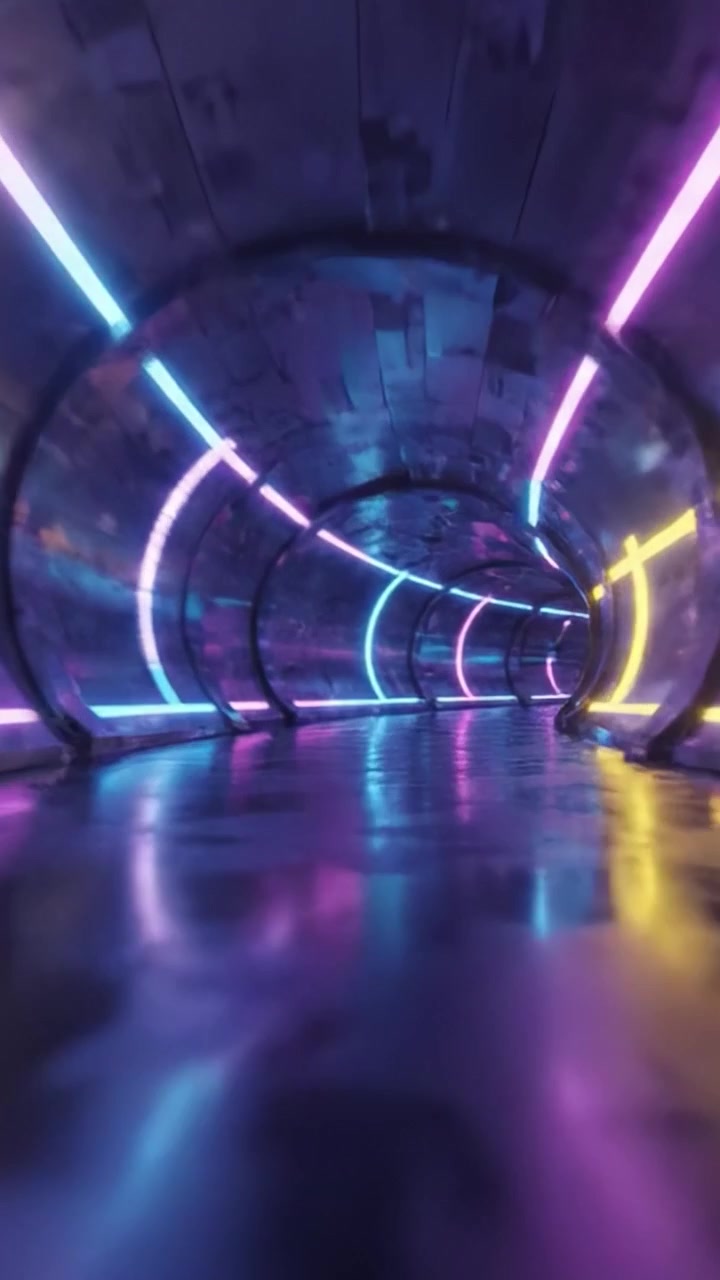 Un viaggio vibrante in un tunnel al neon: Esplorando gli spazi interconnessi di luce e riflesso in un ambiente astratto