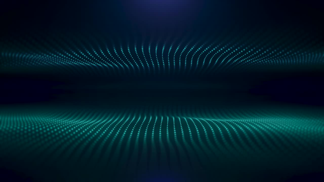 Abstract turquoise flow of optical fiberson black background, seamless loop. Animation. Two waves of green small particles moving in the same directions
