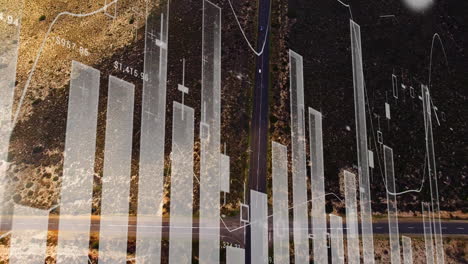 financial data analysis animation over aerial view of road through landscape