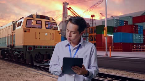 businessman in logistics, port, and train transportation