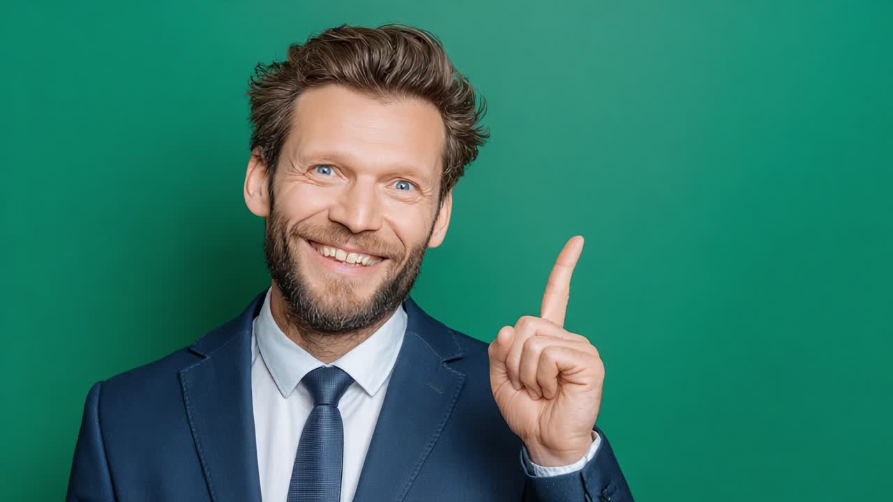 En selvsikker herre i et jakkesæt gestikulerer med en løftet finger, der udtrykker et øjeblik af erkendelse og begejstring mod en levende grøn baggrund.