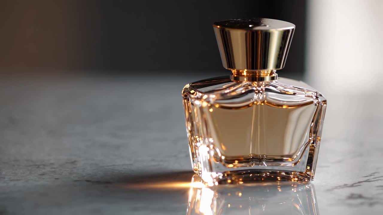 Elegant perfume bottle on a marble surface, captured with a low-angle close-up