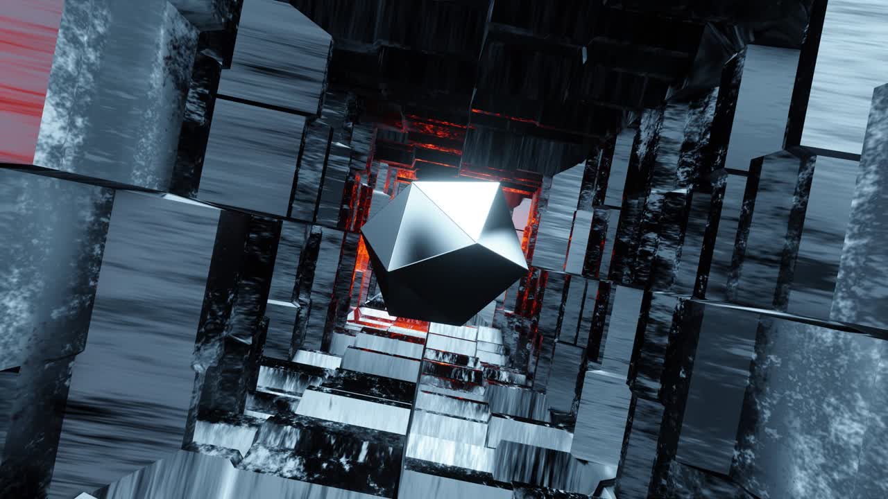 VJ Loop is an abstract metal tunnel with a flying metal prism surrounded by fiery walls. To decorate your holidays and music videos.