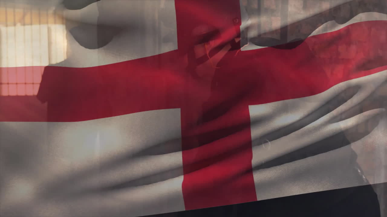 animación de la bandera de inglaterra sobre soldados caucásicos con armas