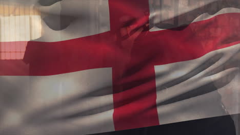 animation of flag of england over caucasian male soldiers holding weapons