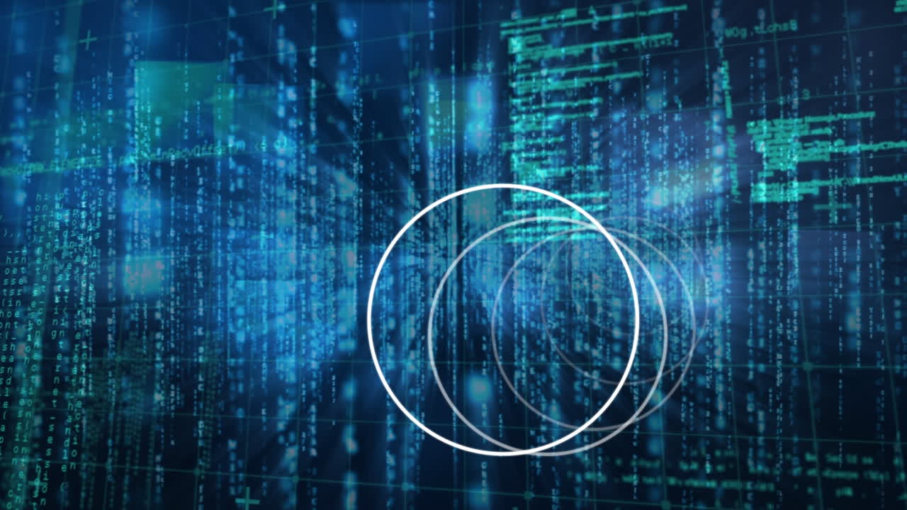 Animation of circles rotating over data processing in blue space
