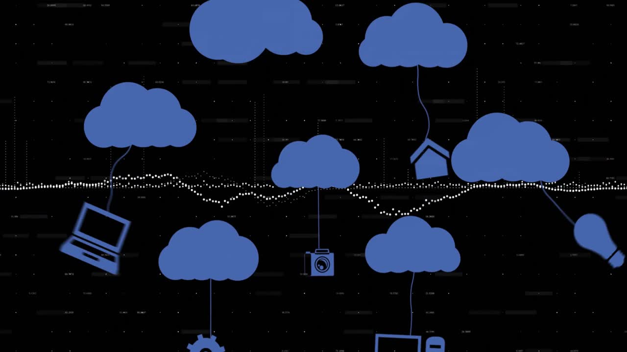 검은 바탕에 데이터 처리에 대한 아이콘으로 구름의 애니메이션