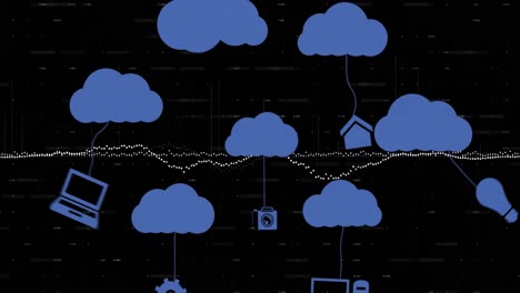 Animación-De-Nubes-Con-Iconos-Sobre-Procesamiento-De-Datos-Sobre-Fondo-Negro