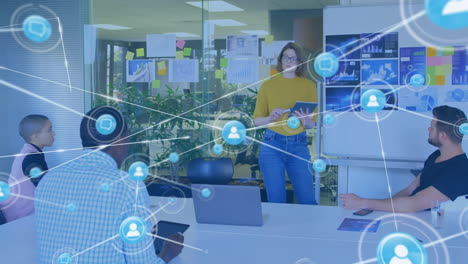 animation of network of connections with icons over diverse colleagues discussing work