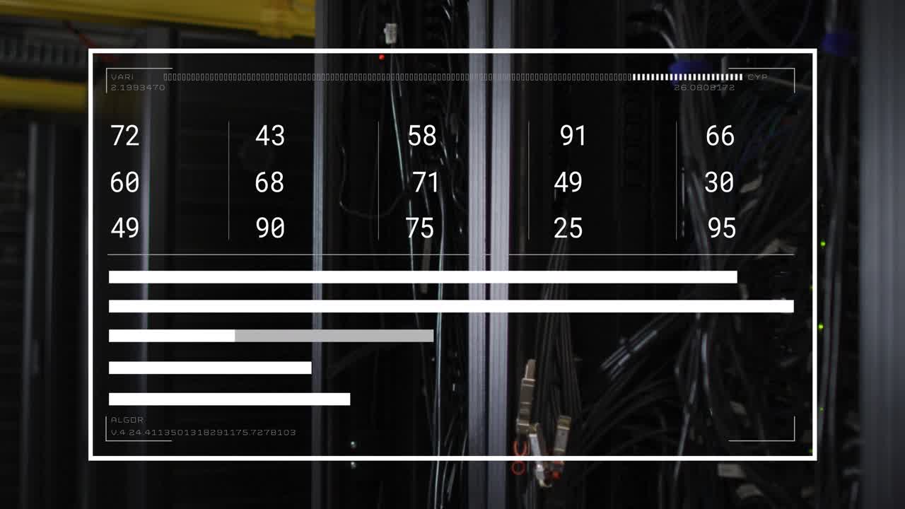 Digital animation of data processing against screen against black background