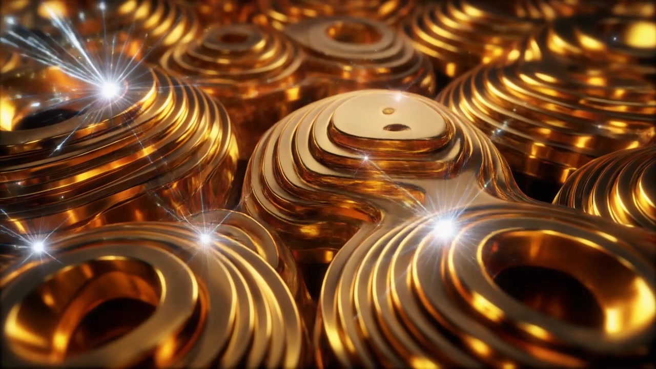 Superficie astratta di metallo liquido dorato con increspature concentriche e luce scintillante