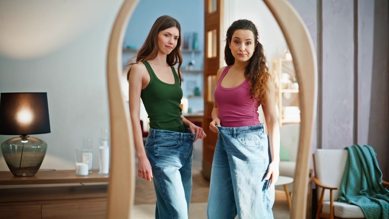 Unzufriedene Freundinnen schauen in den Spiegel und tragen übergroße Hosen. Frauen probieren Jeans an.