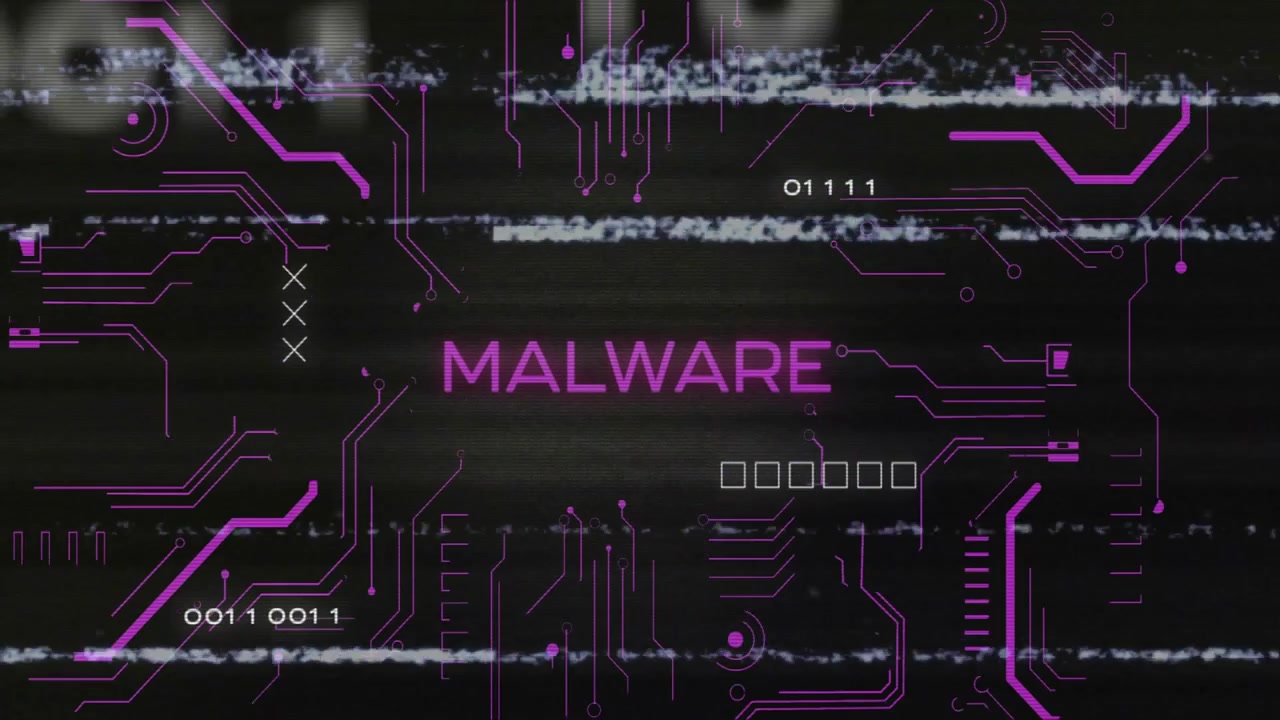 Binary digits drifting over dark screen starting glitching morphing into MALWARE pulsing circuits
