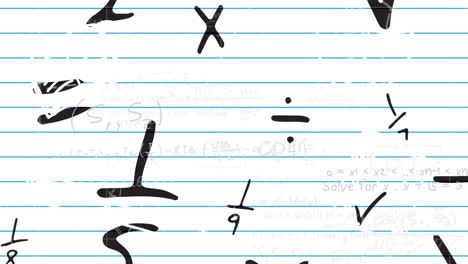 digital animation of mathematical equations against mathematical symbols on white lined paper