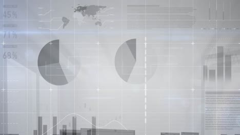 animation of statistical data processing over grid network against grey background