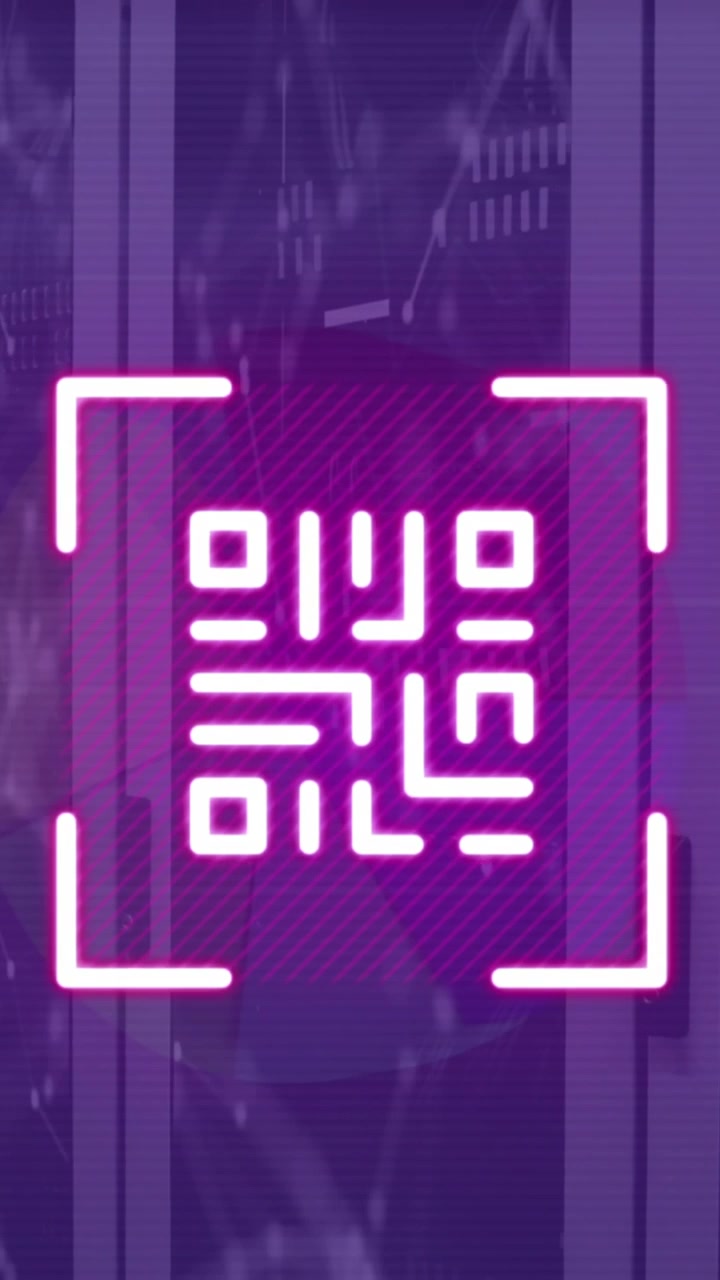 Animation of neon qr code scanner and network of connections against computer server room