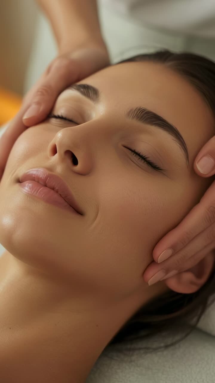 Vertical video: Approaching therapist hands applying facial massage on spa bed easing gowned client