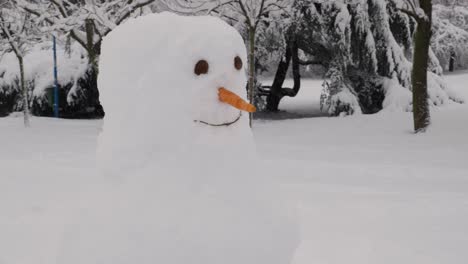 hombre de nieve en primer plano en la nieve en un parque público
