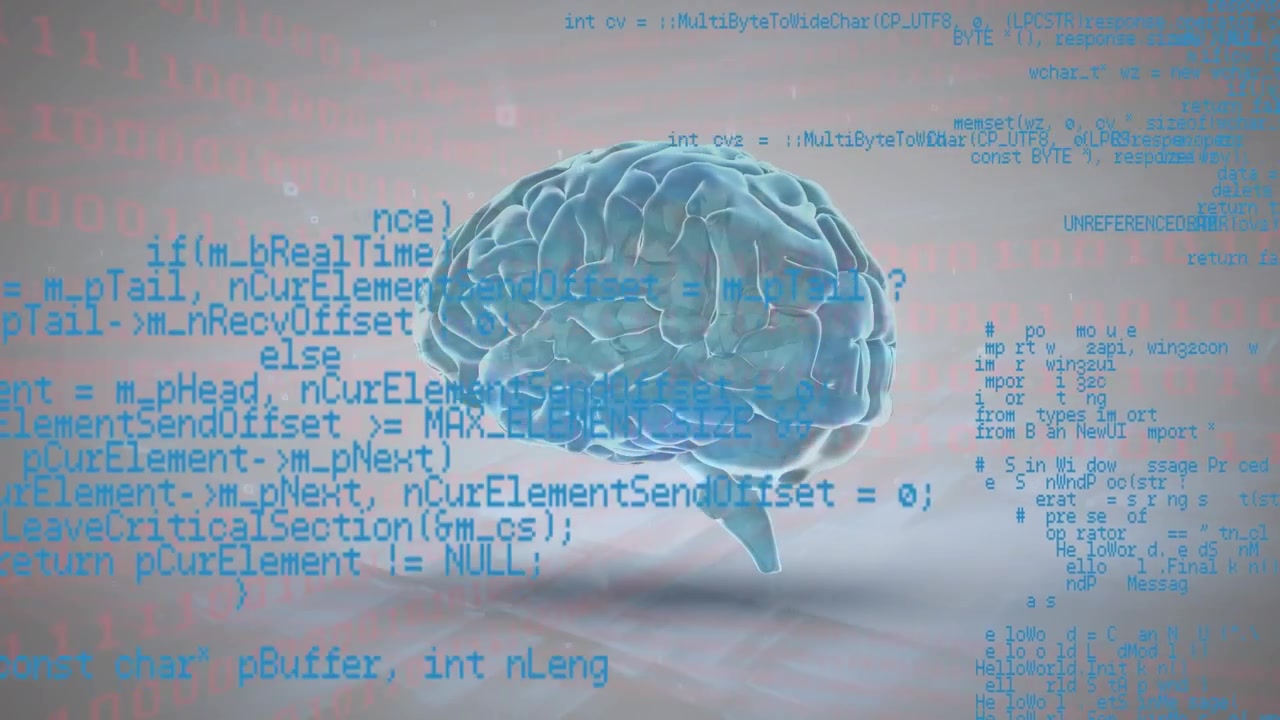 Data processing over spinning human brain against grey background