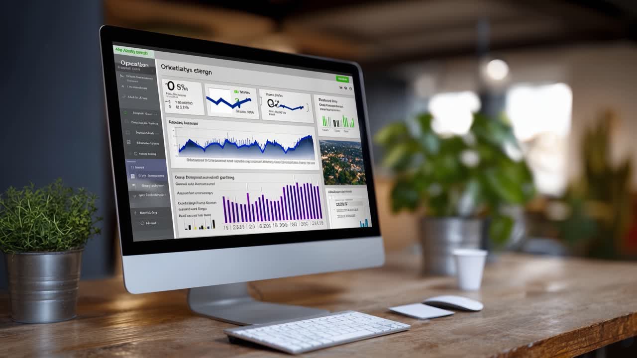 Analyzing Data Insights and Visualizations on a Modern Dashboard in a Workspace Environment with Focused Design Elements and Lush Greenery in the Background