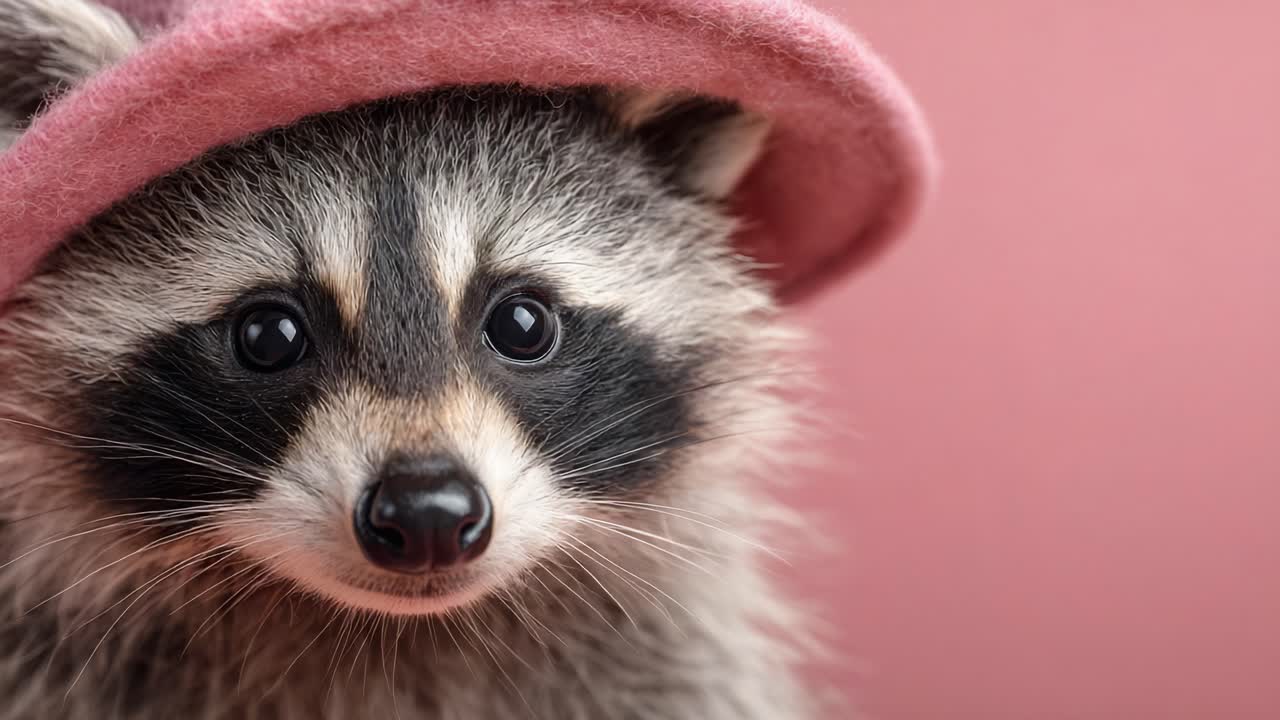 Adorable raccoon wearing a pink hat poses cutely against a soft pink backdrop, showcasing its expressive eyes and charming features in a delightful close-up