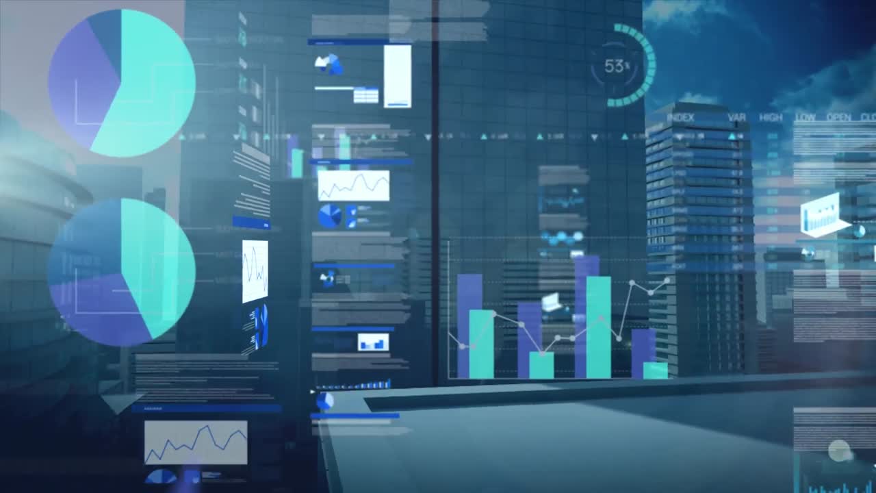 Animation of data processing with buildings in background