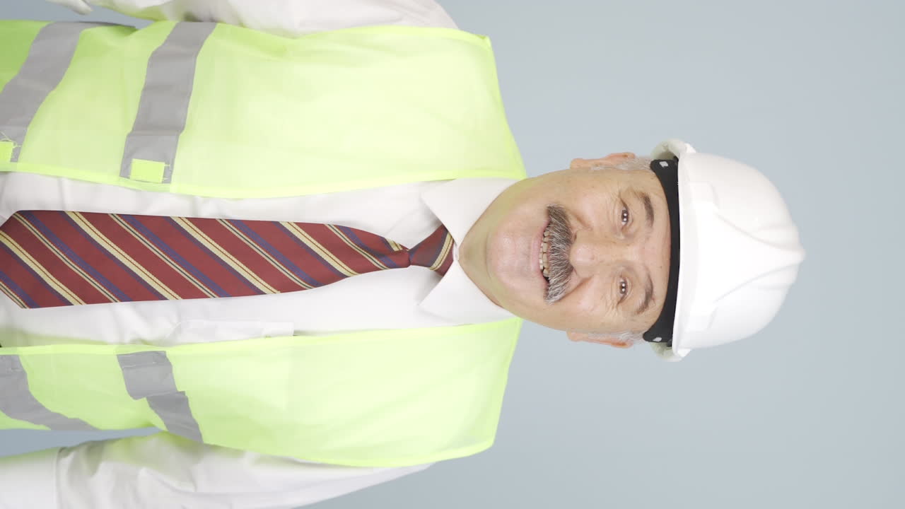 vídeo vertical de un viejo ingeniero excitado, impaciente.